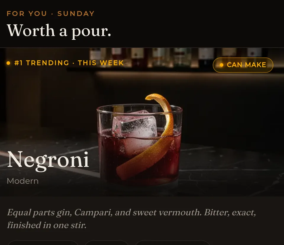 The Mudl home screen — a Negroni marked "Can make," trending this week.